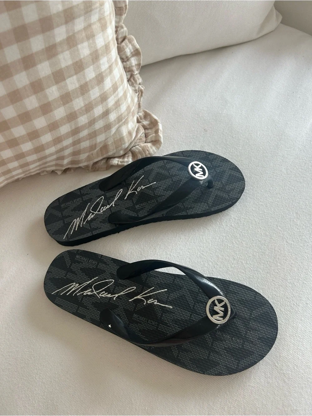 Michael Kors Black Logo MK Medallion Flip Flops